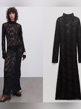 NWT Black Crochet -Sleeve Maxi Dress